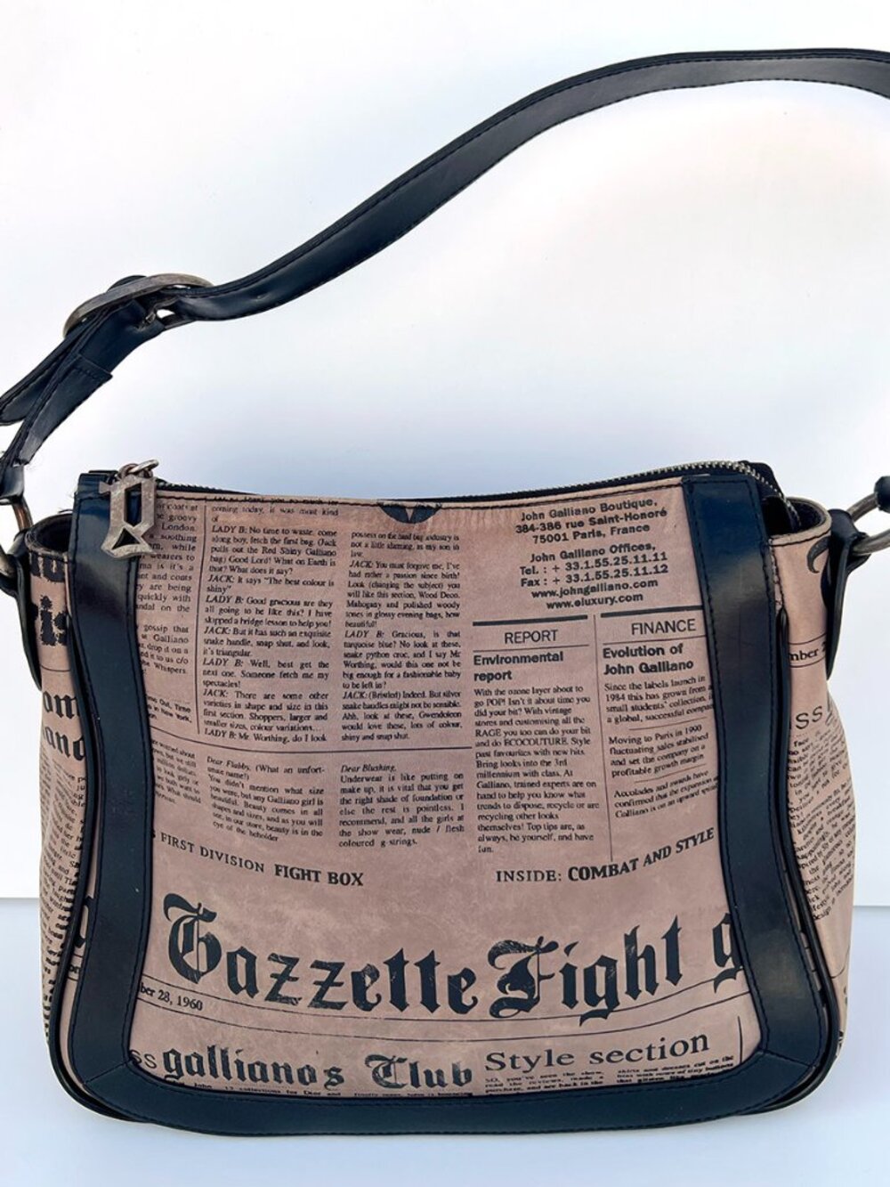 Authentic JOHN GALLIANO Gazzette Newspaper Print Shoulder Bag Y2K Vintage Black